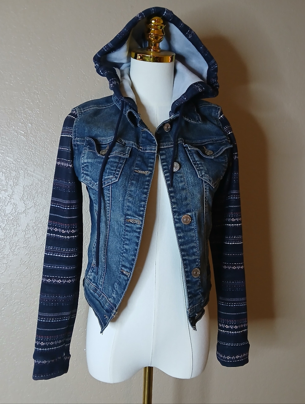 Wallflower Navy Denim Hooded Jean Jacket with Patterned Knit Sleeves Crop Sleeve
